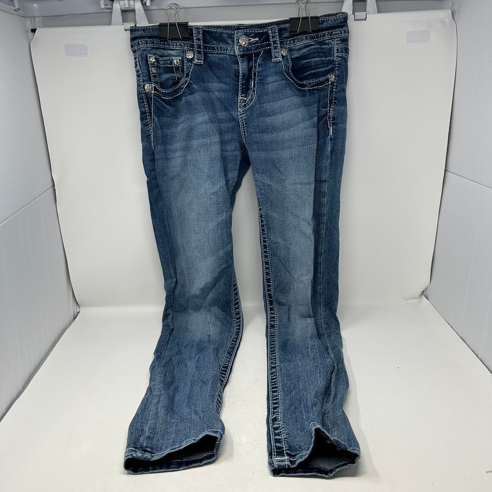Miss Me Jeans Women 27 Blue M3110S Skinny Fleur De Lis Rhinestone Heavy Stitch